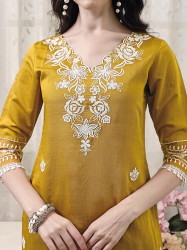 Image of NIVANA Womens Pakistani Style Embroidered Kurta with Pant & Embroidered Dupatta | Chanderi Straight Kurta Set with V-Neck & 3 /4 Sleeves | Ethnic Wear for Festive & Casual Occasions