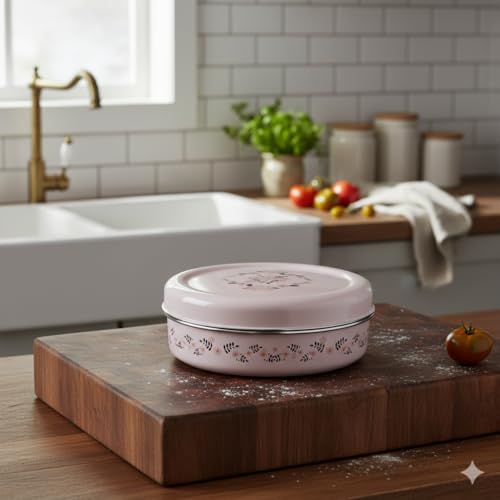 Image of Niyara Premium Stainless Steel Storage Bowl with Lid - Pink Floral Design | Airtight & Durable Kitchen Container for Food, Snacks, Lunch | Decorative Floral Steel Bowl (800ml)
