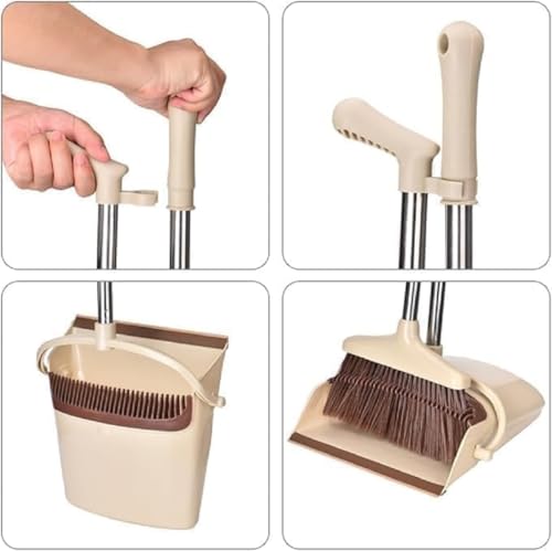 Image of Stand Up Dustpan and Broom Set with Long Handle - Upright Floor Cleaning Broom Combo with Self Cleaning Teeth Design, Heavy Duty Plastic Dustpan for Home, Kitchen, Office and Indoor Use