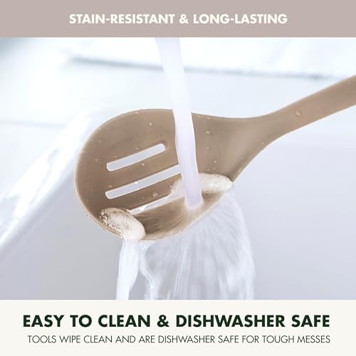 GreenPan Silicone Slotted Spoon, Cooking Kitchen Utensil, Mixing Stirring Serving, Flexible Rubber Nonstick Cookware, Rigid Steel Core Heat-Resistant, Anti-Slip Handle, BPA-Free Dishwasher Safe, Taupe by GreenPan - Used condition - Image 4