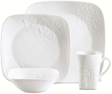 Corelle 16-Piece Vitrelle Glass Cherish Chip and Break Resistant Embossed Dinner Set, Service for 4, White