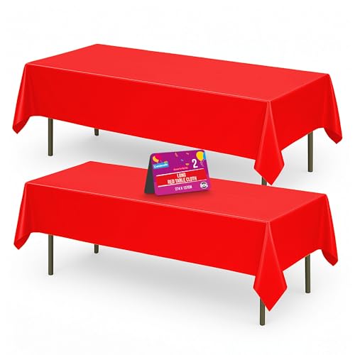 SOL 2pk Long Red Table Cloth Party 274x137cm Rectangle Plastic Cover Disposable Tablecloths for Parties - Spill Protection - Christmas Decorations New Years Eve 2026 Birthdays Weddings Buffets