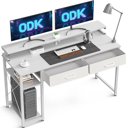 ODK Computer Desk with Drawers, 120 x 48 cm Office Desk with Storage & Shelves, Gaming Table with...