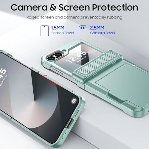 Image of Midkart Card Holder Case Compatible with Samsung Galaxy Z Flip 6 / Z Flip 7 FE with Hinge Protection Built-in Screen Protection Armor Cover Shockproof, Green