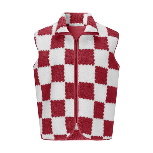 Red Plaid Checkered Sherpa Vest for Women, XXL - Cozy Winter Sleeveless Fleece Jacket - Image 4