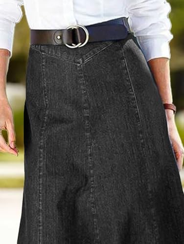 Flamingals A-Line High Rise Vintage Wash Stitch Detail Long Denim Skirt Without Belt3