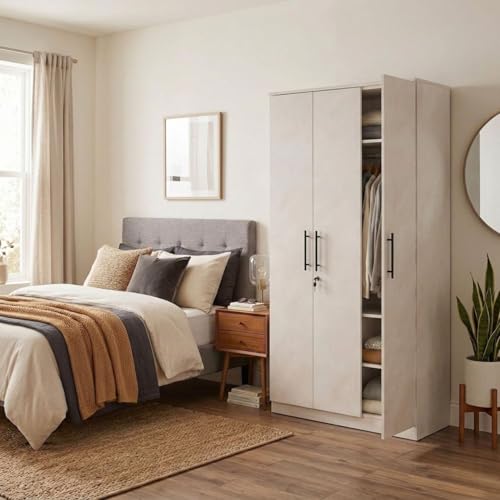 Image of FFO Metrix 3 Door Wardrobe for Bedroom | Black Wooden Almirah with Hanging Rod, Shelves & Lock | Spacious Clothes Storage Cabinet for Home, Bedroom, Hostel & Office | Modern Engineered White DIY.