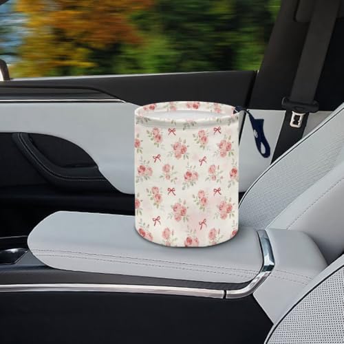 Image of Pink Flower Bow Car Trash Can Collapsible Hanging Portable Dustbin Bin Waste Basket for Women Car Accessories Interior Small Trash Can for SUV Trucks