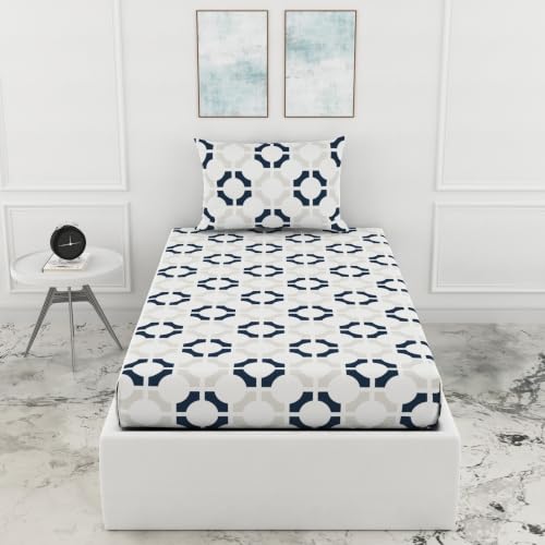 Image of LORETO - A QUALITY LINEN BRAND 144 TC 100% Pure Cotton Single Fitted Bedsheet with 1 Pillow Cover for 72 x 36 Inch Mattress, All-Around Elastic, 8 Inch Deep Pocket, Colonial Blue Matrix