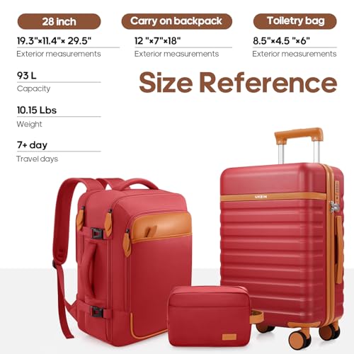 Image of UKEIN Luggage Sets 3 Piece, PC Hardside Checked Luggage 28 Inch With Spinner Wheels with TSA Lock, Large Suitcase Set With Travel Backpack for Men (Red, 3 piece set (28inch))