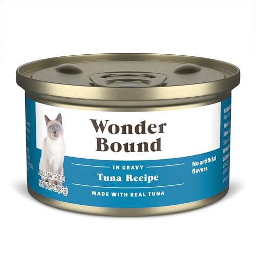 Image of Amazon Brand - Wonder Bound Canned Wet Cat Food (Tuna Recipe in Gravy), No Artificial Flavors, Adult Recipe, 3 Ounce (Pack of 24)