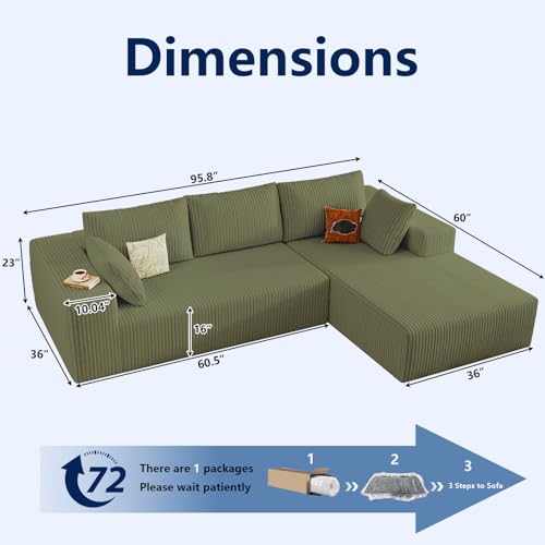 Image of 96 inch Modular Sectional Sofa, Modern Corduroy Cloud Couch with Deep Seat, Boneless Couch Upholstered 3-Seater L-Shaped Sofa for Living Room, No Assembly Required (Green, Right-Facing Chaise)
