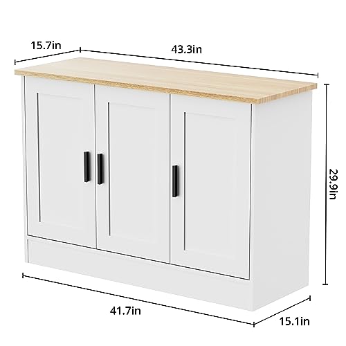 Anystyle 43" White Buffet Cabinet with Black Handles, Small Kitchen Sideboard with 3 Doors & Adjustable Shelves, Modern Entryway Credenza & TV Console Table for Living Room, Dining Room - Thumbnail 2