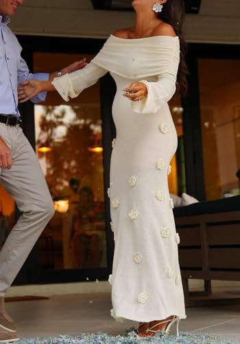 LETSVDO Women's Off The Shoulder Crochet Maxi Dress Long Sleeve Bodycon 3D Floral Knit Mesh Sweater Sexy Party Dresses4