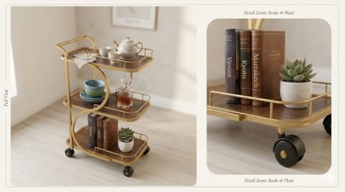 Image of Serving Trolley with Wheels for Home, Tea Food Drinks Serving Kitchen Trolley Restaurant, Hotels,Dining Room bar cart with Wheels (Gold-Brown)