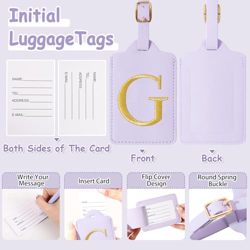 Image of Initial Luggage Tags for Suitcases, Cute Embroidered Letter Luggage Bag Suitcase Identifier Name Baggage Tag, PU Leather Travel Luggage Tags, Bag Tags for Men Women Kids Luggage Handbags(Purple G)