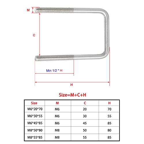 Image of Square U-Bolt 1.77 inch(45mm) Inner Width U Bolts Brackets 304 Stainless Steel M6 with Nut, Plate, Washer for Car /RV /Trailer Bumper,2 Sets