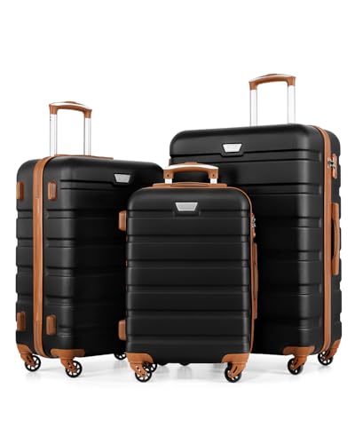 COOLIFE 3-Teiliges Kofferset für Familienreisen, Auslandsreisen, M+L+XL, ABS+PC, Hartschale, Leicht Robuster, Koffer mit 360° Spinner Räder, YKK Reißverschluss, TSA Zahlenschloss, Schwarz/Braun