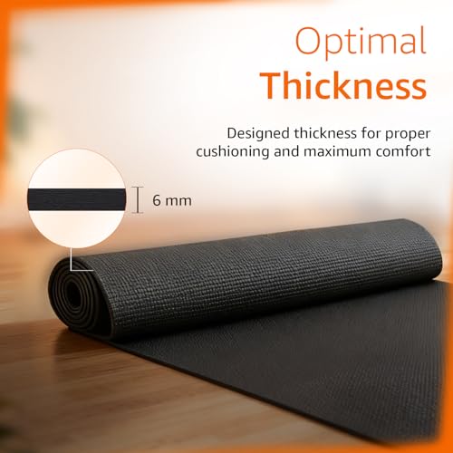 Image of Amazon Basics PVC Yoga & Exercise Mat with Carrying Strap | 6 mm Thick | Non-Slip Textured Surface | Lightweight & Durable | Floor Protection | Ideal for Home, Gym, Studio & Outdoor Workouts | Black