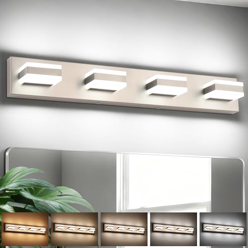 Image of SOLFART Bathroom Light Fixtures Brushed Nickel Vanity Lights for Bathroom Above Mirror, 4 Light Led Lighting Fixture, Nickel Vanity Light,5 Color Temperature Adjustable Light Over Mirror ETL Listed