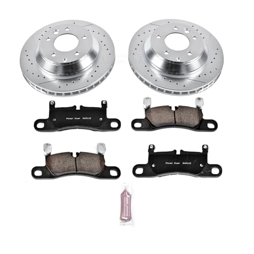 Image of PowerStop Rear Brake Kit for Porsche Cayenne 2011-18 | Volkswagen Touareg 2011-17 - Drilled and Slotted Disc Rotors with Carbon-Fiber Ceramic Brake Pads Replacement, K5979