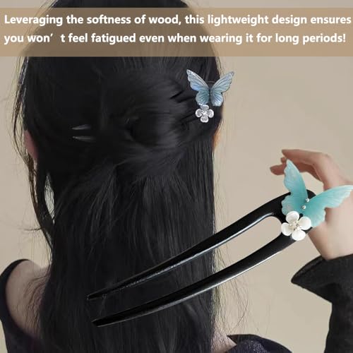 Image of Melodio Elegant Blue Butterfly U-Shaped Wooden Hair Stick - Floral Butterfly Hairpin Inspired by Traditional Style, Lightweight & Stylish Updo Accessory for Women