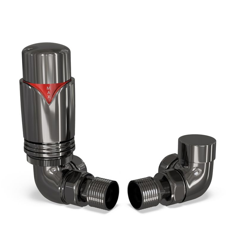 UK Radiators Black Nickel Thermostatic Radiator Valve and Corner Lockshield Valve, Polished Black Nickel Finish