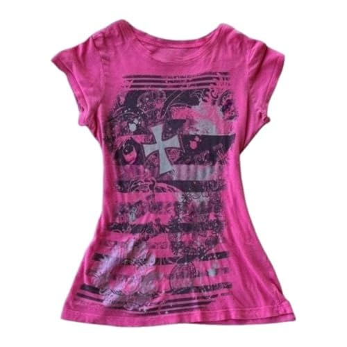 Y2K Emo Grunge Scene Shirt Women Cutecore Indie T-Shirts Teen Girl Graphic Tee Tops 2000s Alt Mcbling Clothes (Small Rose Pink)