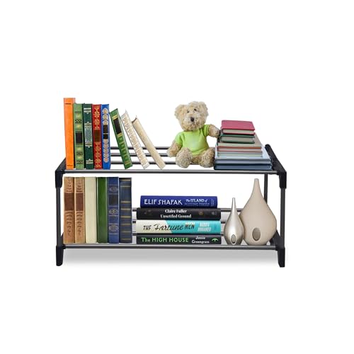 Image of Modern 2 Tier Tall Narrow Metal Bookshelf for Home | Floor Mount Steel Rack Shelf | Book Organizer & Storage Rack | Book Shelves Cabinet for Living Room, Study & Office