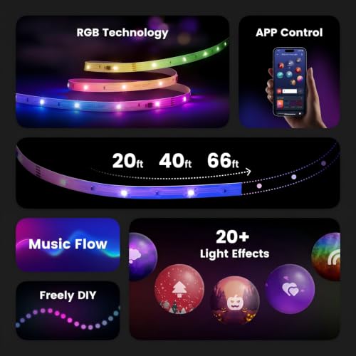 Image of YEELIGHT LED Strip Lights, 66FT Smart Light Strips with 360 LEDs & Music Sync, RGB Color Changing Light with Bluetooth Connected and APP Control, Lights for Bedroom, Home Room Decor, Party, 2x33FT
