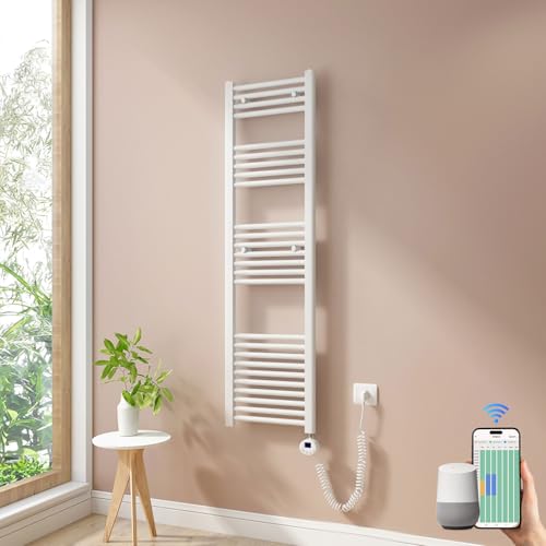 Heilmetz Smart WiFi Badheizkörper Elektrisch 140x40cm Elektrischer Handtuchtrockner mit Thermostat und Timer-Funktion Gerade Handtuchheizkörper Weiß 500W
