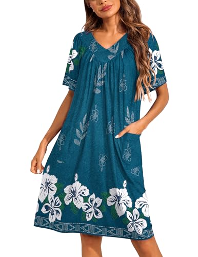 Image of Ekouaer Womens House Dress Floral Print Nightgown with Pockets Mumu Dress | V Neck Nightgowns for Women Pleated Short Sleeves Mumu Dresses Knee Length Moo Moo for Sleep, Daily Wear, Vacation, Party