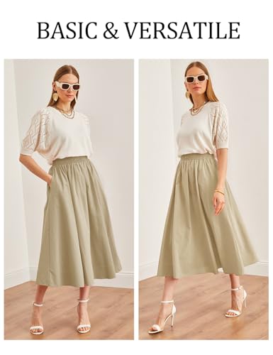 Flygo Womens A-Line Midi Skirt Flowy Pleated High Elastic Waist Casual Swing Cotton Long Skirt with Pocket(Khaki-XL)2