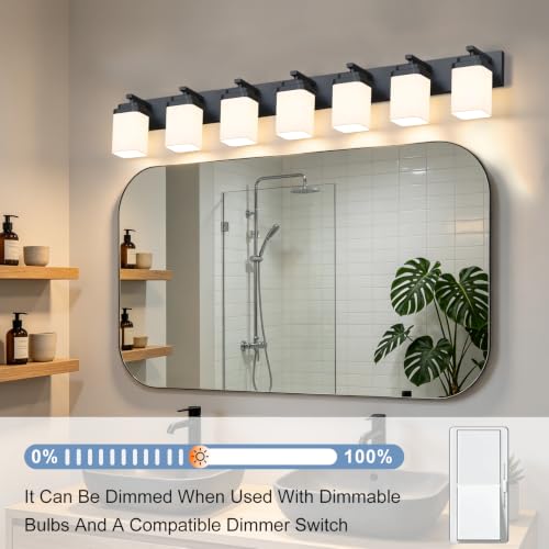 Image of Matte Black Bathroom Light Fixtures, 7 Lights Bathroom Lighting Fixtures Over Mirror, Square Design & Rectangle Large Backplate, Modern Vanity Lighting Fixtures, for Living Room /Bedroom
