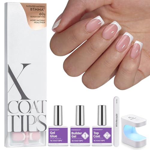 BTArtboxnails XCOATTIPS Gel Nail Kit - Short Squre French Tip Press on Nails Kit, Pink Soft Gel Nail Tips with Nail Gel, French Protecing Duo and Nail Lamp for Gift Home DIY