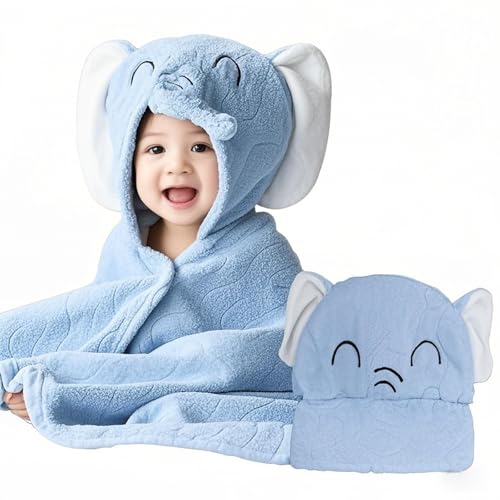 Image of Cute Animal Hooded Baby Towel Soft Coral Fleece Baby Towels with Hood Toddler Bath Towel Large 27 x 55 Inch Ultra Absorbent Hooded Bath Towels for Babies Baby Bath Towel（Blue