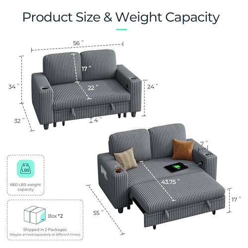 Image of LINSY HOME Sectional Sleeper Sofa Pull Out Couches for Living Room (Grey, Pull Out Couch) | Pull Out Sofa Bed, Storage, USB Charging, Cup Holders, Plush Corduroy