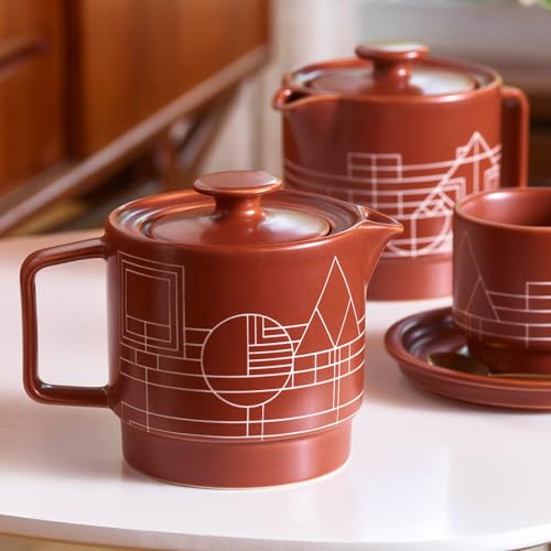 Image of Tea Forte Ceramic Teapot with Infuser, Frank Lloyd Wright, 20 oz | Sienna Etched Ceramic Teapot & Lid - Gold Loose Leaf Tea Infuser - Microwave & Dishwasher Safe