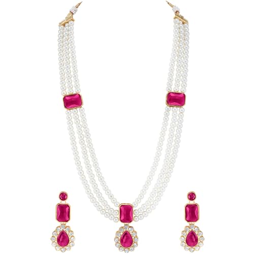 Image of Peora Crystal Faux Pearl Kundan Necklace & Jewellery Set Gift for Women