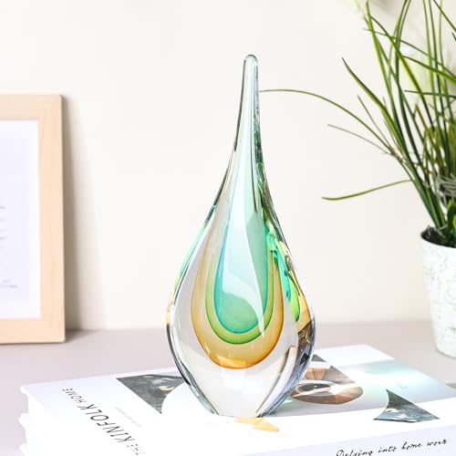 Mundgeblasene Glasskulptur, einzigartige Dekoration im mediterranen Stil, Glasfigur mit kristallähnlichem Finish, dekorative Briefbeschwerer für Bürotisch, Wohnzimmer, Schlafzimmer, Schränke (Gelbgrün