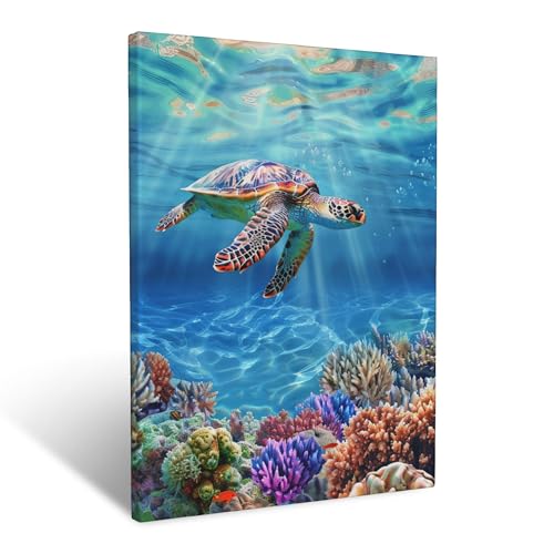 Sea Turtle Canvas Wall Art Coastal Ocean Painting Framed ArtWork 16"x20"