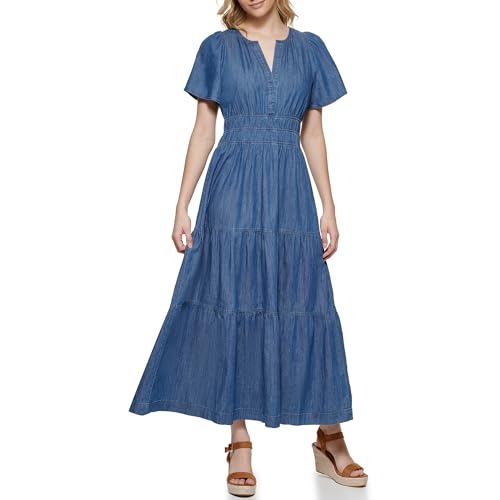 Tommy Hilfiger Women's Short Sleeve V-Neck Tiered Midi Dress