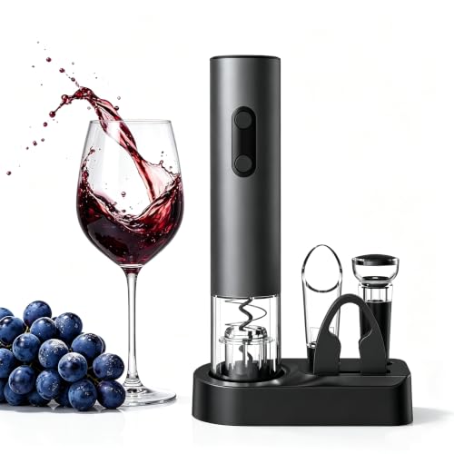 Image of PEIPU Electric Wine Opener Set, Battery Operated 5-in-1 Wine Gifts for Wine Lovers with Storage Base, Foil Cutter, Wine Aerator Pourer & Vacuum Stoppers, Dark Grey
