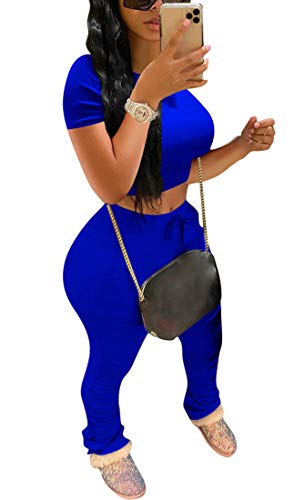 Aro Lora Womens Bodycon Tracksuit 2 Piece Outfit Crop Top and Ruched Skinny Pant Set Loungewear Sport Jumpsuit Romper XX-Large Royal Blue