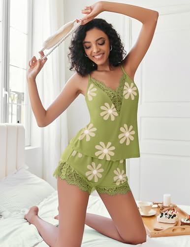 Image of Avidlove Women Pajama Set Lace Trim Short PJ Set Modal V Neck Sleeveless Sleepwear Drawstring Waist Nightwear S-XXL
