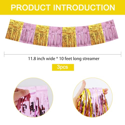 Image of BEISHIDA 3 Pack Pink Gold Foil Fringe Garland 30ft Wall Tinsel Banner