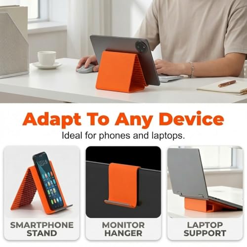 Image of Silicone Phone Stand with Aluminum, Flexible Foldable Phone Holder, Bendable Adjustable Anti-Slip Desktop Stand for Phone Tablet Laptop, Portable Rollable Multi-Angle Stand for Home (Orange)