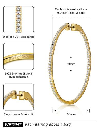 Moissanite Hoop Earrings for Women S925 Sterling Silver D Color VVS1 Round Cut Moissanite Inside Out Round Loops Hypoallergenic Large Huggie Hoop Earrings3