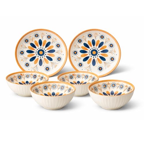 Image of 6-Piece Bohemian Ceramic Dinnerware Set | Porcelain Dinner Plates and Bowls | Microwave & Dishwasher Safe, Chip-Resistant Dining Set for Everyday Use and Gifting (Set of 6, Blue & Gold Mandala)