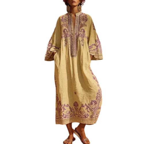 Robe longue bohème violette à col en V et manches 3/4